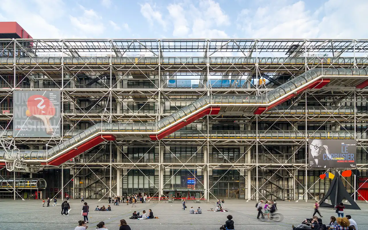 A vibrant view of Centre Georges Pompidou, a modern art museum and cultural center in Paris, showcasing its unique architectural design
