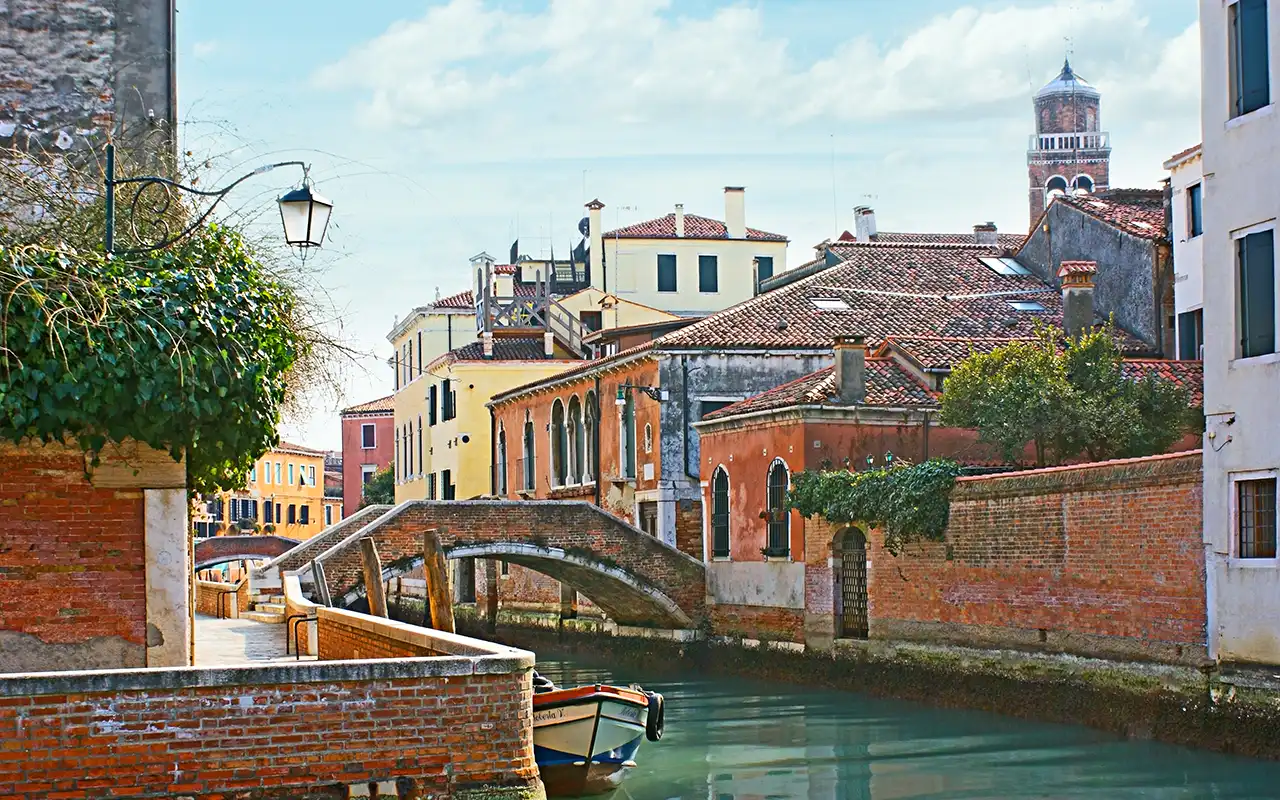 Aerial view one of the most popular things to do in Venice, exploring the picturesque Dorsoduro district of Venice with its historic architecture and winding canals