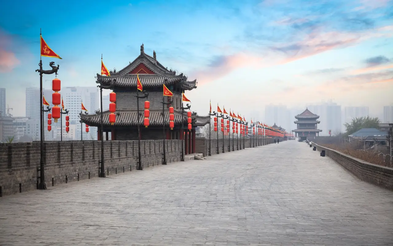 Ancient city wall with historic buildings and flags in Xi'an, China