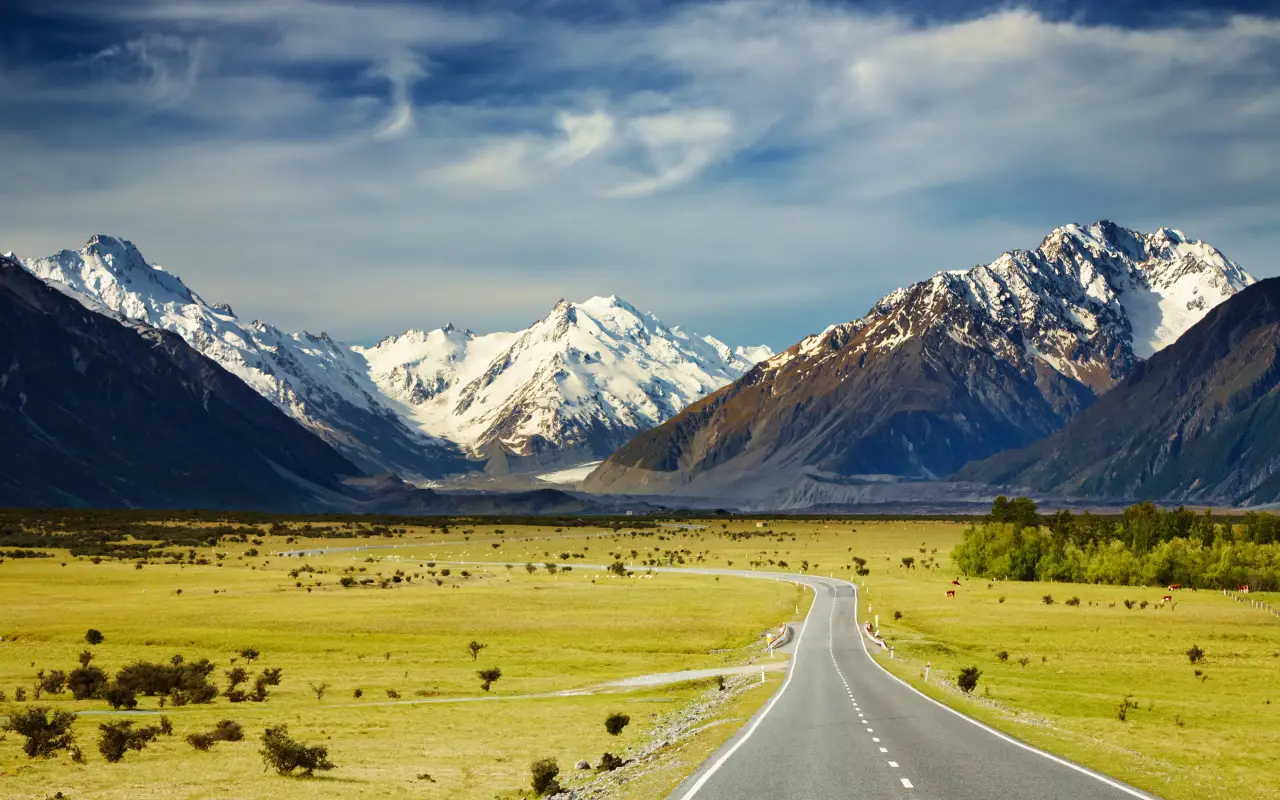 Scenic view of a winding road through the Southern Alps of New Zealand