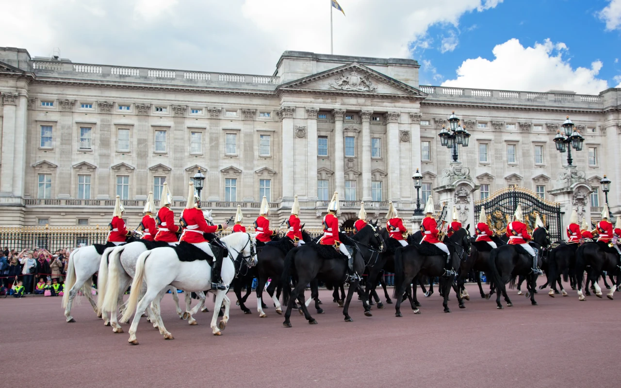 An impressive view of Buckingham Palace, the historic royal residence in London