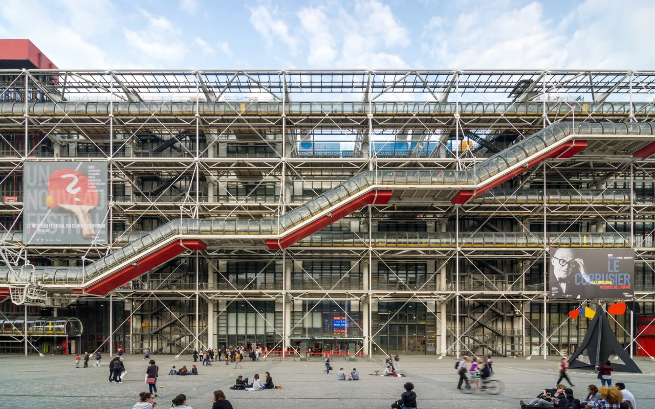 A vibrant view of Centre Georges Pompidou, a modern art museum and cultural center in Paris, showcasing its unique architectural design