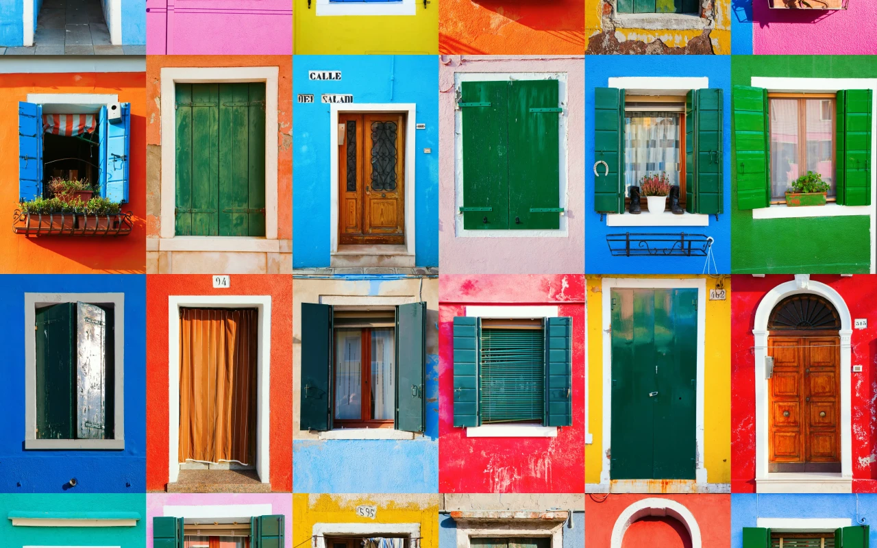 Alt tag: A vibrant collage showcasing a variety of colorful windows and doors characteristic of Burano, Italy.