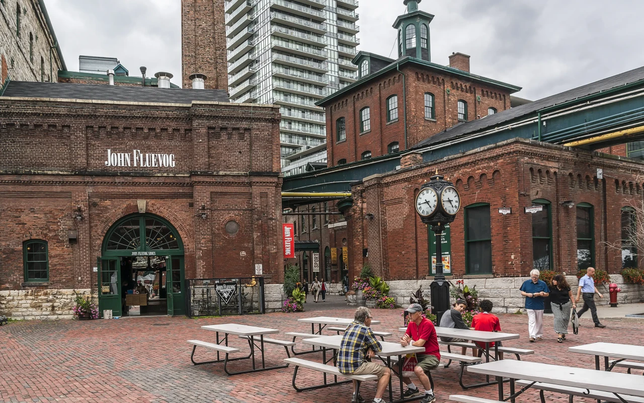 Historic Distillery District in Toronto, featuring cobblestone streets, Victorian-era buildings, and charming atmosphere