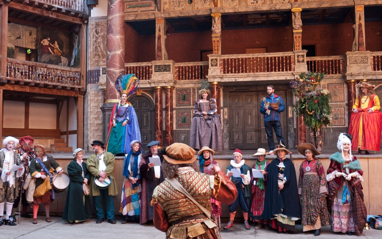 A historical image of the Globe Theatre, the famous circular playhouse where Shakespeare's plays were performed in London