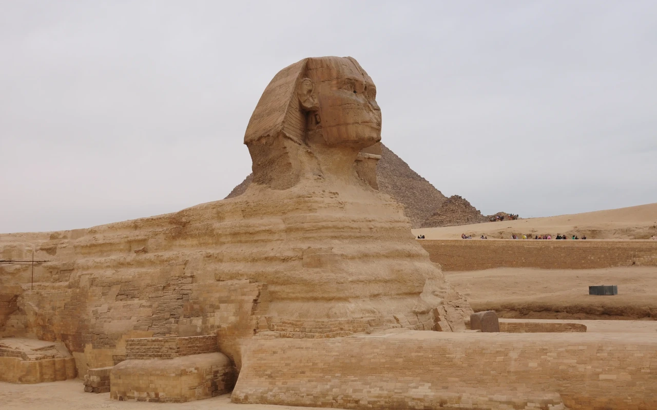 Ancient Great Sphinx of Giza monument, a mythical creature with a lion's body and a human head, in Egypt.
