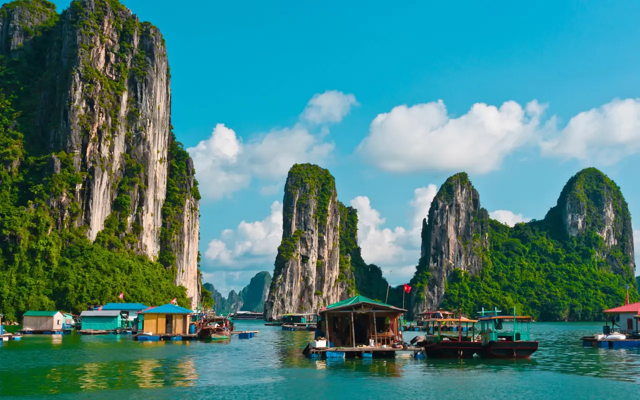 Scenic view of Ha Long Bay in Vietnam with limestone karsts and floating fishing villages