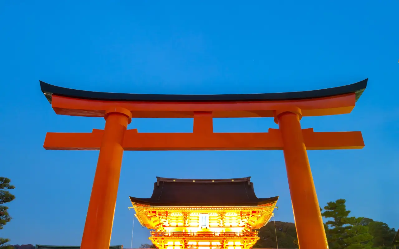 Japanese Torii Gate illuminated at dusk