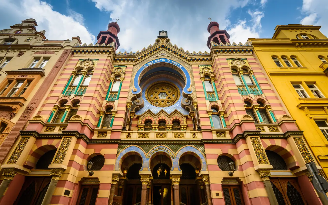 View of the historic Josefov, a former Jewish ghetto in Prague, featuring its narrow streets and distinctive architecture