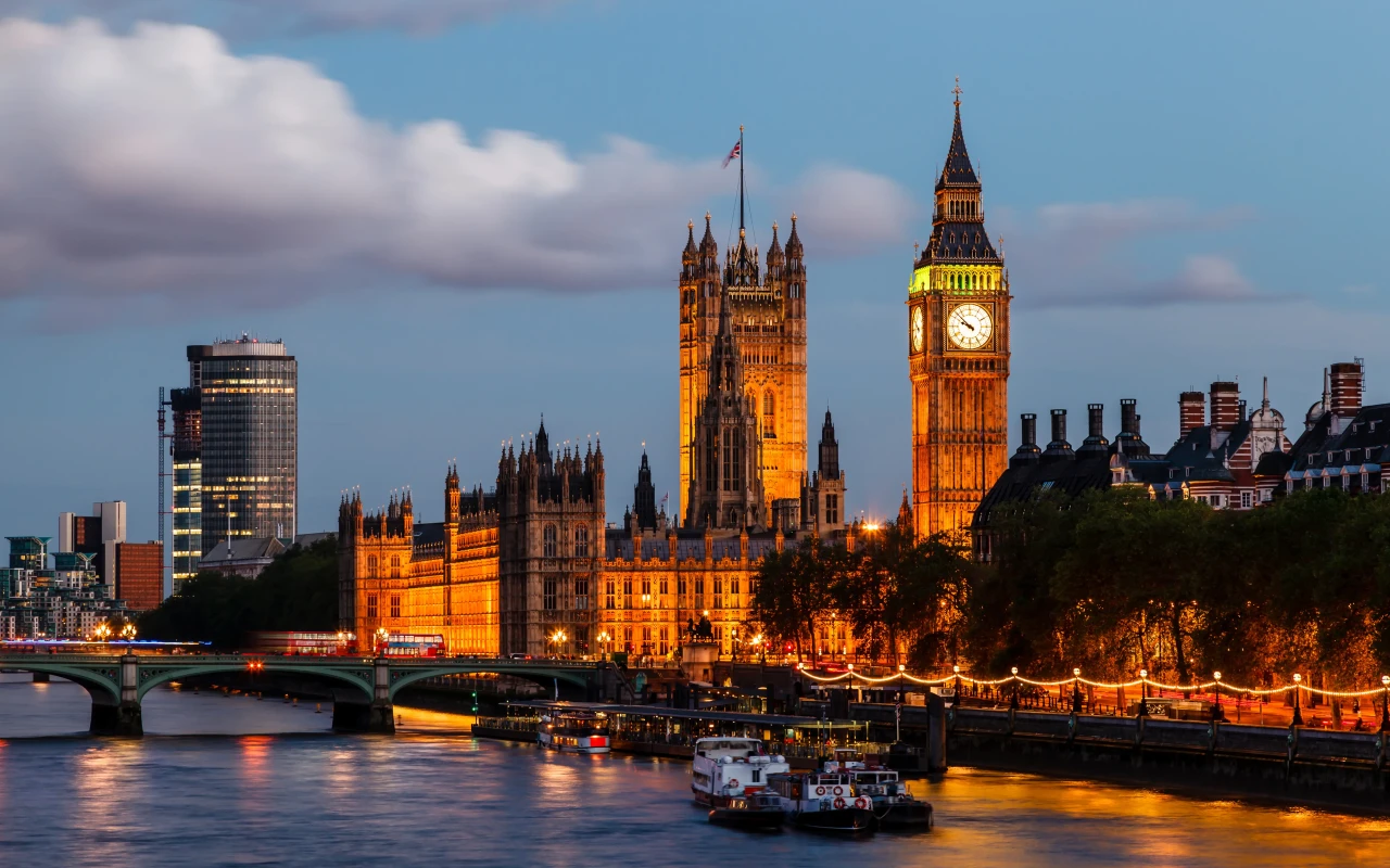 Aerial view of the iconic cityscape of London, England with its historic landmarks and modern skyscrapers