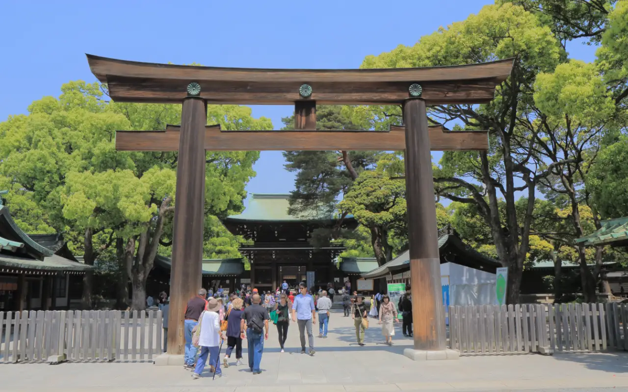 Serene view of the Meiji Shrine surrounded by lush green forest