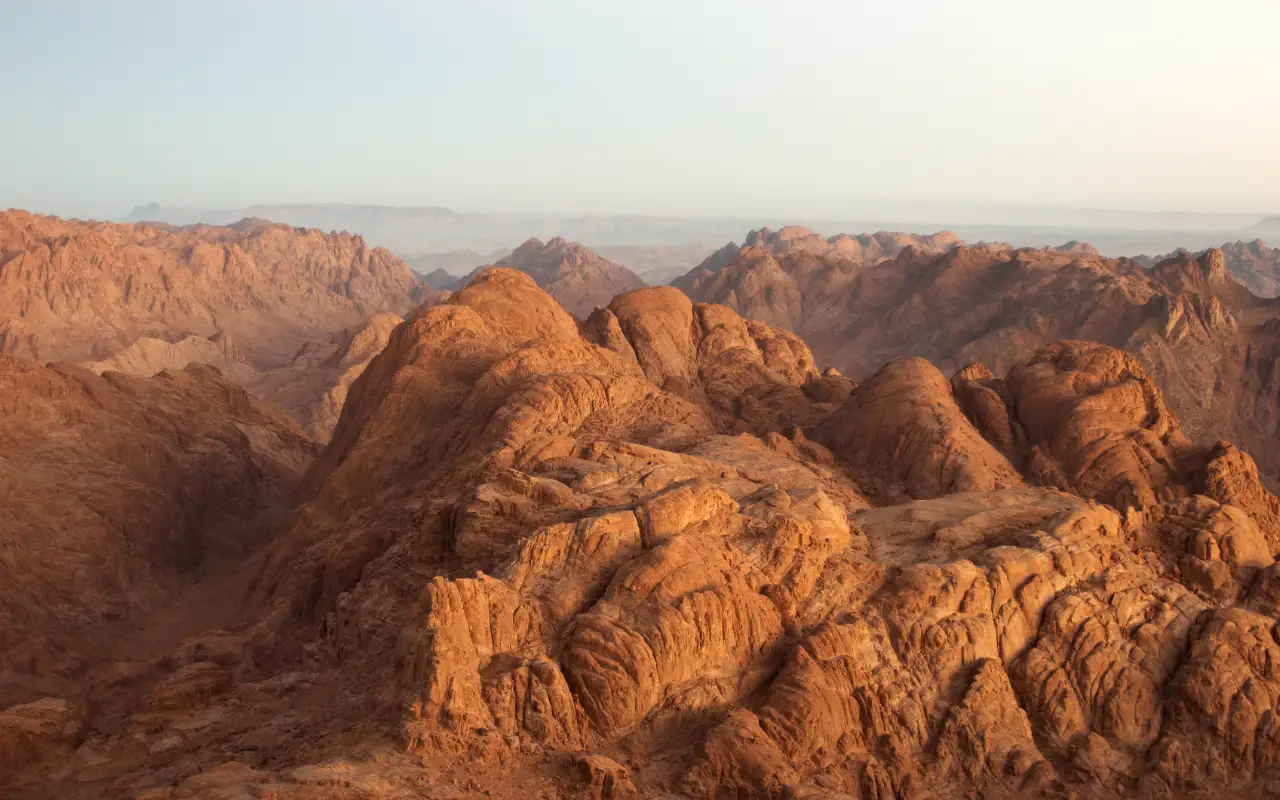 Stunning view of Mount Sinai's rugged peaks and surrounding desert landscape in Egypt