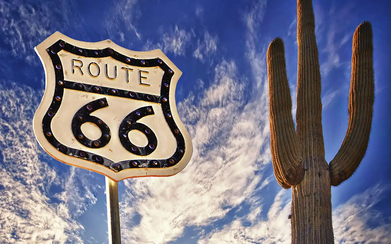Scenic view of the historic Route 66 roadway stretching towards the horizon