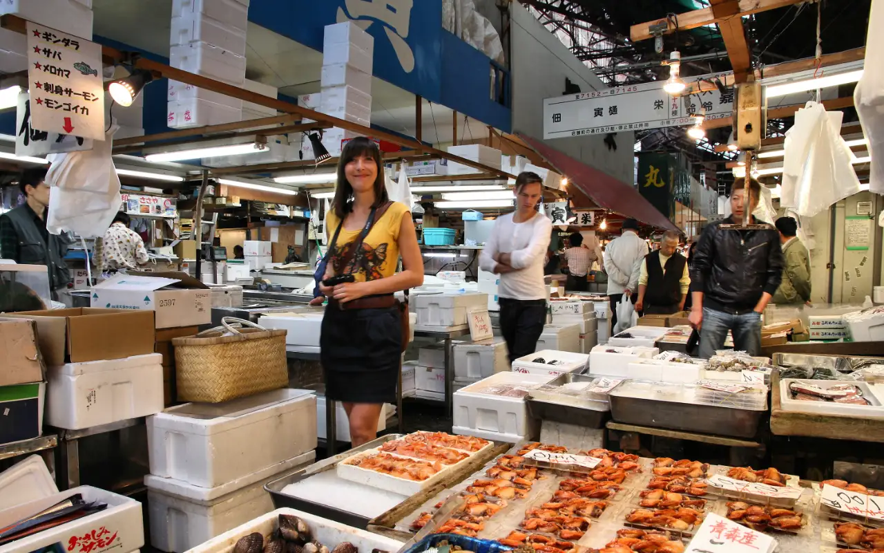 Early morning bustling activity at Tsukiji Fish Market in Tokyo, Japan