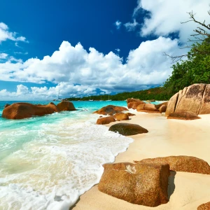 Beautiful view of Anse Lazio Beach in Seychelles with pristine white sands and turquoise waters