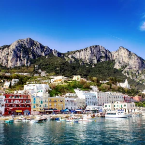 Picturesque view of Capri Island with its colorful buildings and beautiful coastline