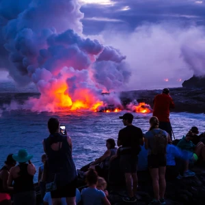 Scenic view of Hawaii Volcanoes National Park with lush greenery, steaming vents, and volcanic landscape