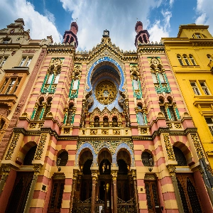 View of the historic Josefov, a former Jewish ghetto in Prague, featuring its narrow streets and distinctive architecture