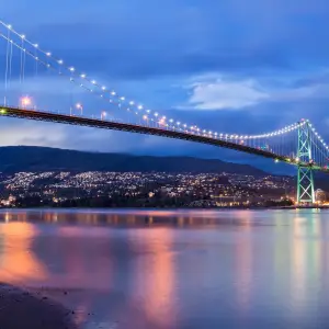 Iconic Lions Gate Bridge in Vancouver at Sunset