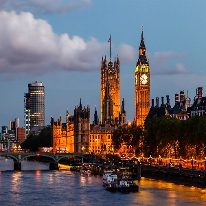 Aerial view of the iconic cityscape of London, England with its historic landmarks and modern skyscrapers