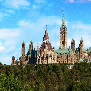View of iconic parliament buildings against a clear sky