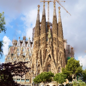 Stunning view of the Sagrada Familia, famous landmark basilica in Barcelona