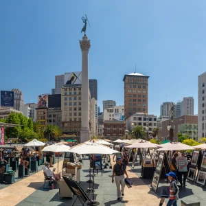 Panoramic view of the bustling San Francisco Union Square