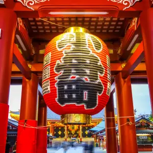 Large red lantern at the Kaminarimon Gate of Sensoji Temple in Tokyo