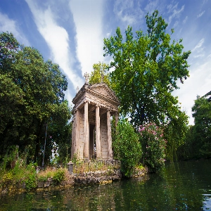 Panoramic view of the lush green Villa Borghese Gardens in Rome