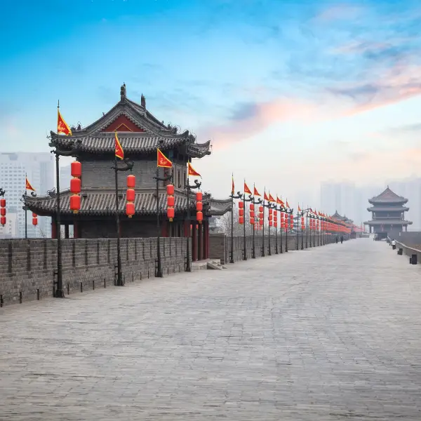 Ancient city wall with historic buildings and flags in Xi'an, China