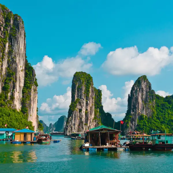 Scenic view of Ha Long Bay in Vietnam with limestone karsts and floating fishing villages