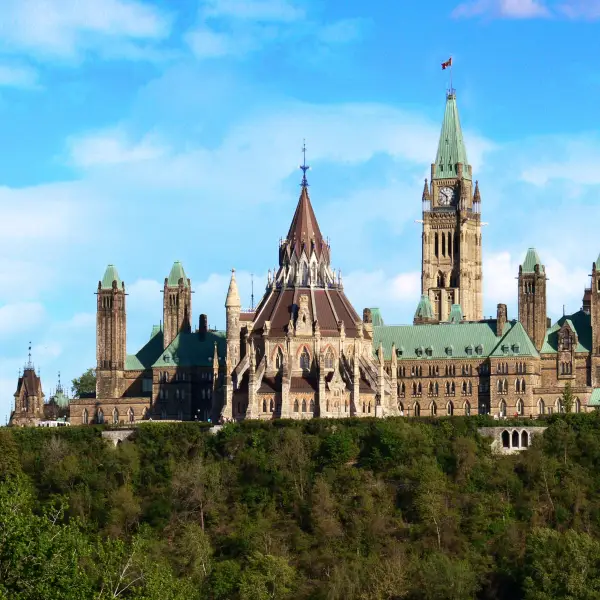 View of iconic parliament buildings against a clear sky