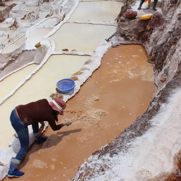 Workers harvesting salt in the Salinas de Maras salt mines, Peru.