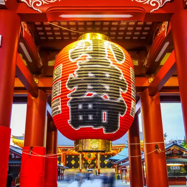Large red lantern at the Kaminarimon Gate of Sensoji Temple in Tokyo