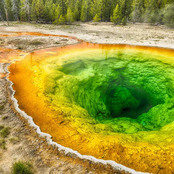 Aerial view of the Grand Prismatic Spring with vibrant colors in Yellowstone National Park